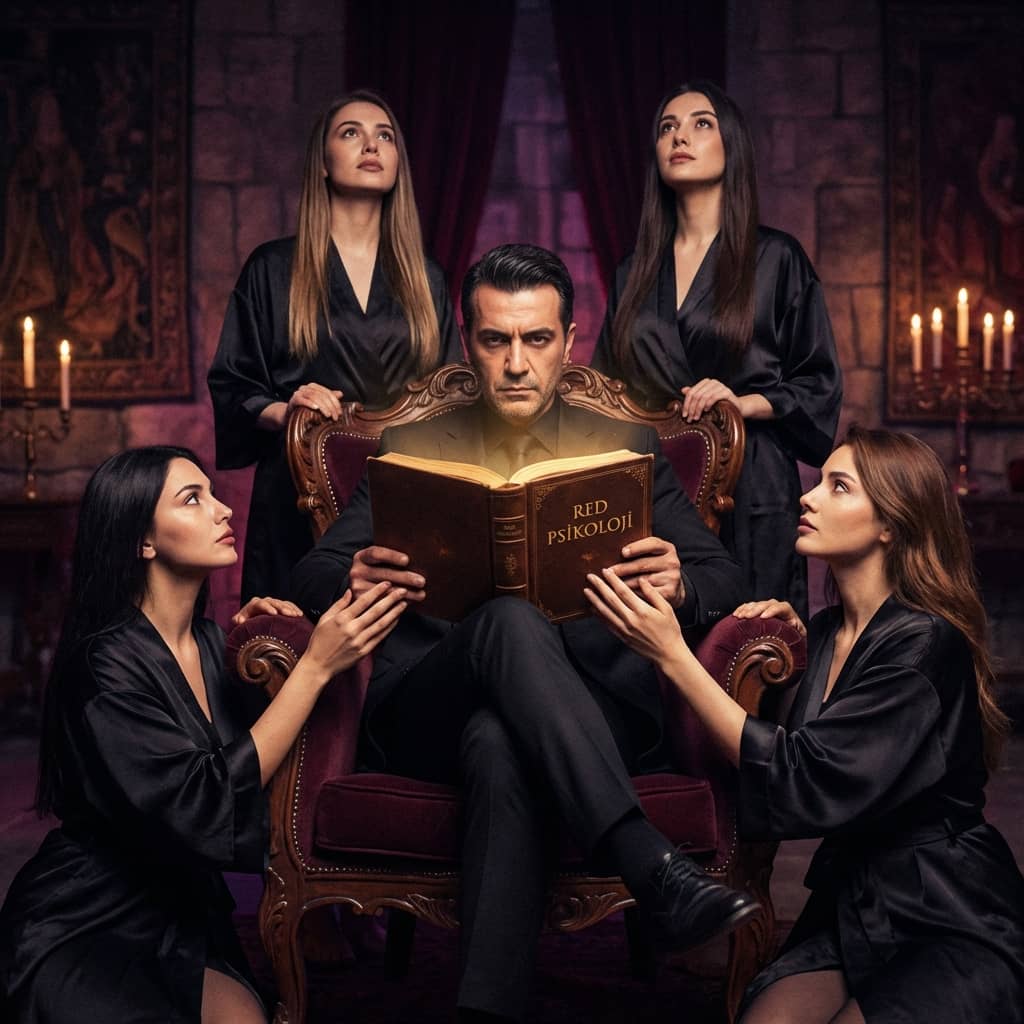 Tahtta kitap okuyan adam ve etrafındaki kadınlar